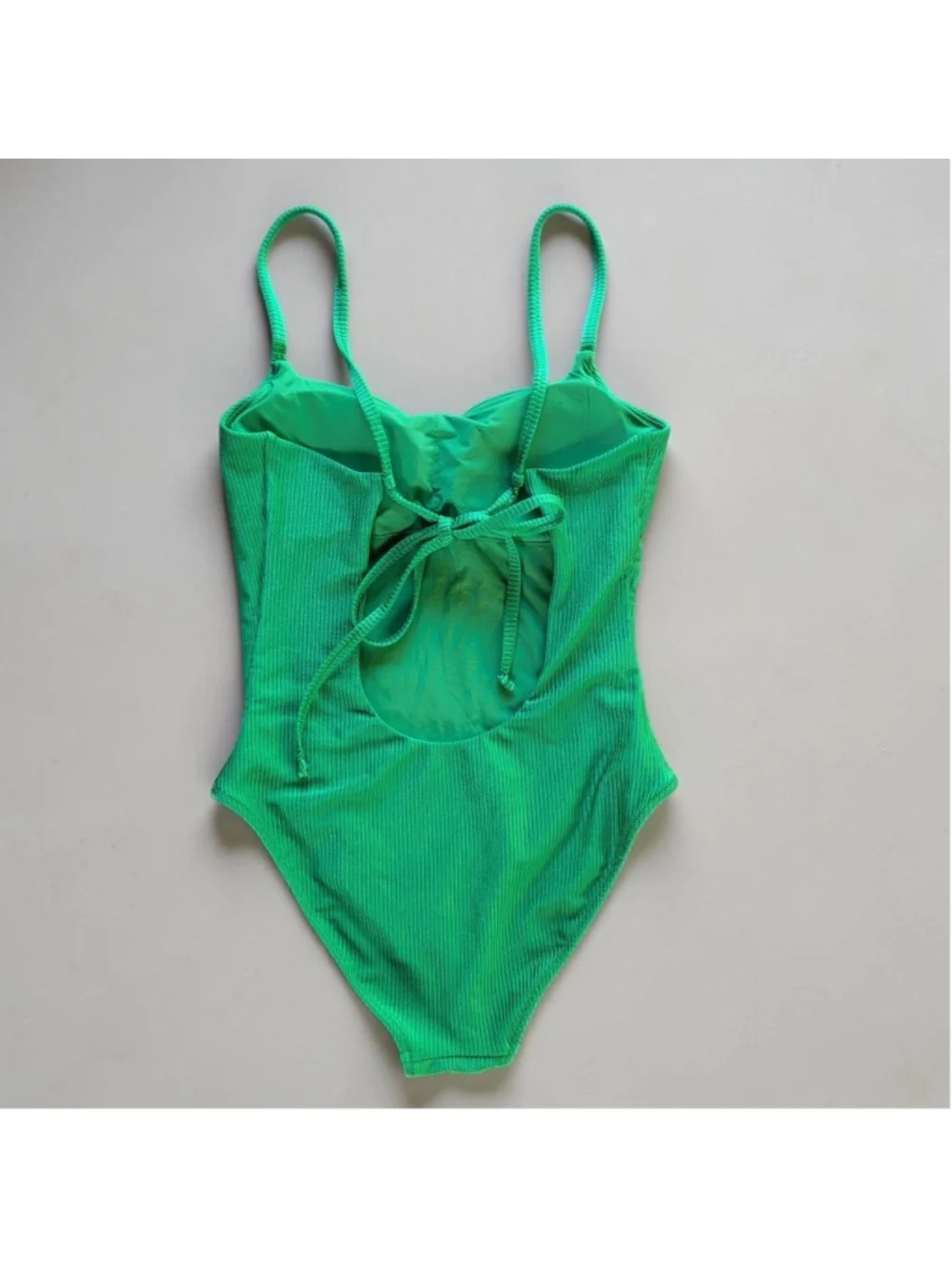 Aerie Scoop Neck Ribbed Tie Back One Piece Swimsuit Sz S NWOT Green